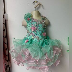 12/18 Month Aqua & Pink Corset Beaded Cupcake Pageant Dress & headband/Bow NWT